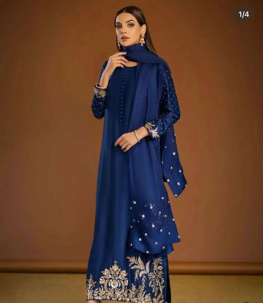 Navy Floral Embroidered 3-Piece Suit