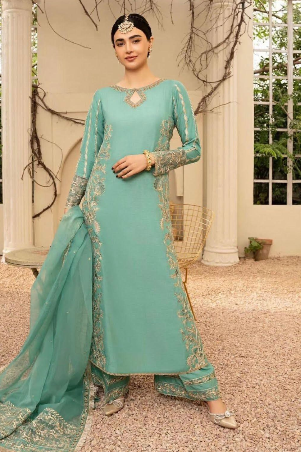 Serene Turquoise Khaddi Silk 3-Piece Eastern Ensemble with Gold Embellishments