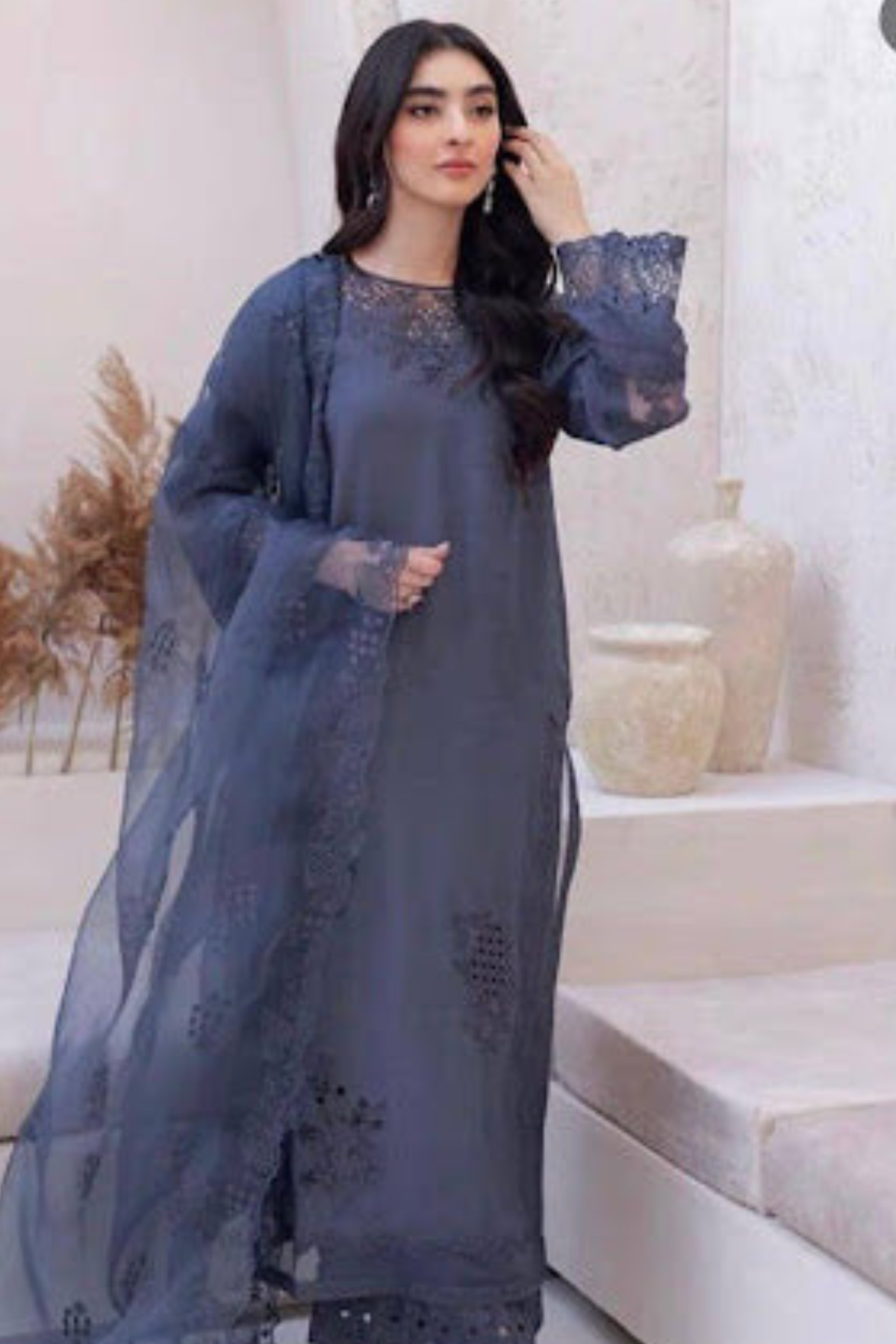 Elegant Grey Raw Silk Ensemble with Thread Embroidery