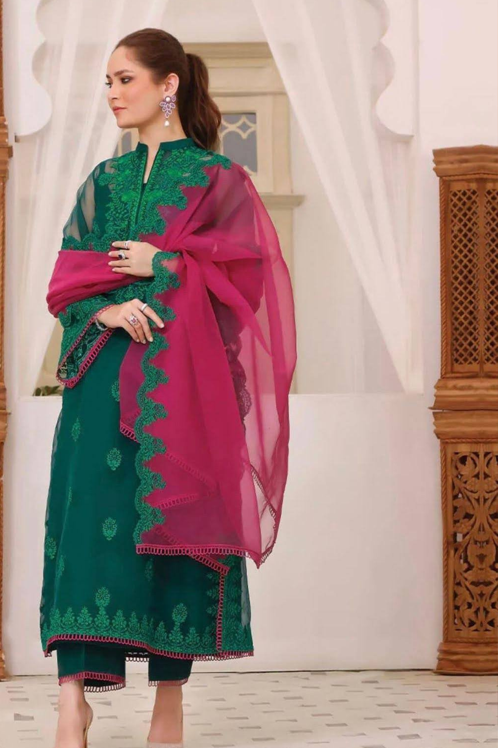 Jade Olive Luxury Pret - Embellished Organza Ensemble