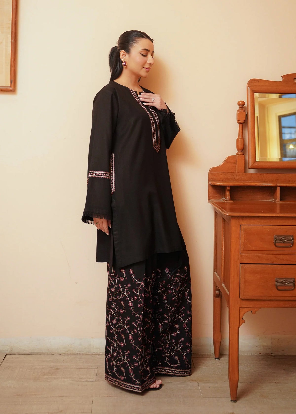 Black Embroidered Marina 2 PC Suit