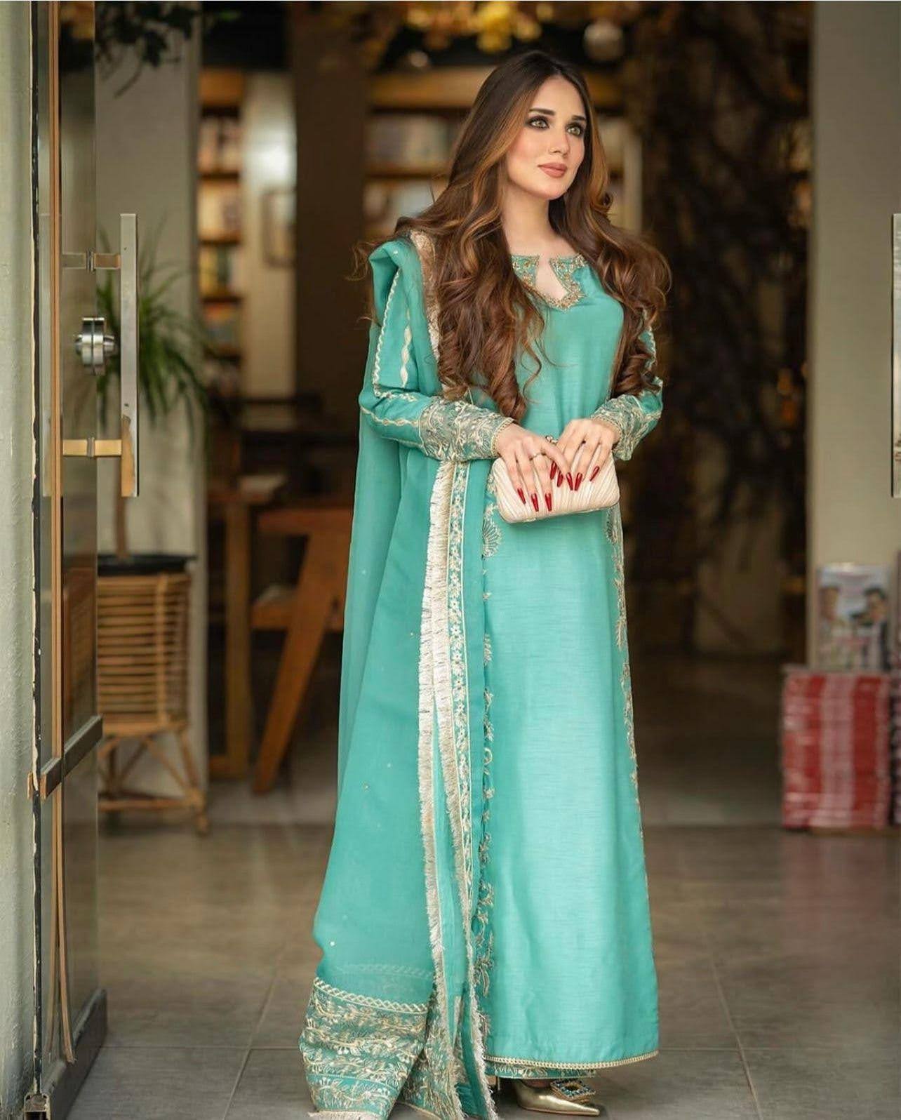 Serene Turquoise Khaddi Silk 3-Piece Eastern Ensemble with Gold Embellishments