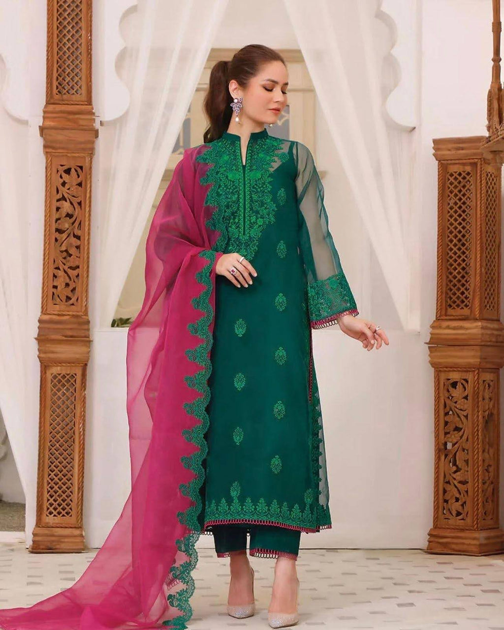 Jade Olive Luxury Pret - Embellished Organza Ensemble