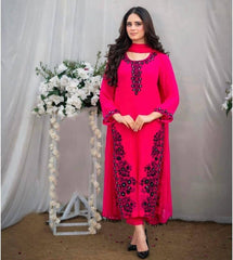 Hot Pink Chiffon 3-Piece Suit with Mirror Embroidery