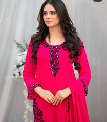 Hot Pink Chiffon 3-Piece Suit with Mirror Embroidery