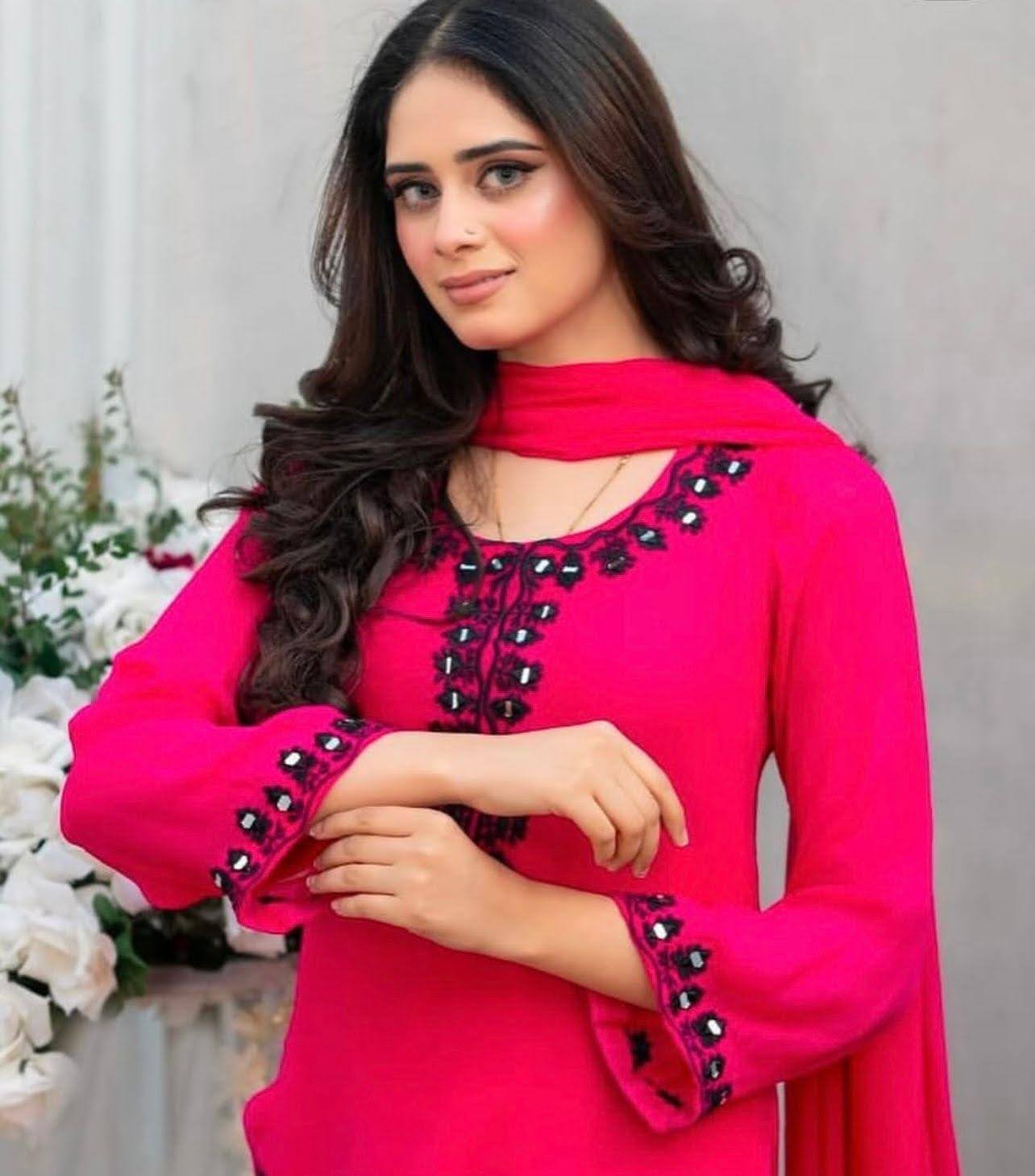 Hot Pink Chiffon 3-Piece Suit with Mirror Embroidery