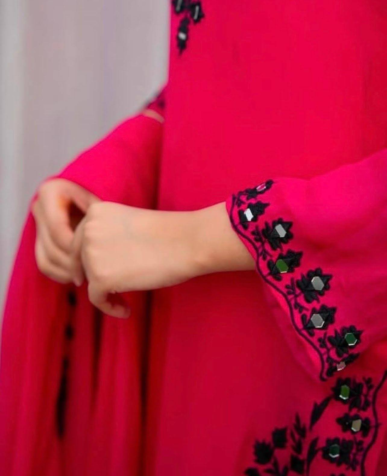 Hot Pink Chiffon 3-Piece Suit with Mirror Embroidery