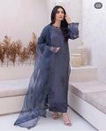 Elegant Grey Raw Silk Ensemble with Thread Embroidery