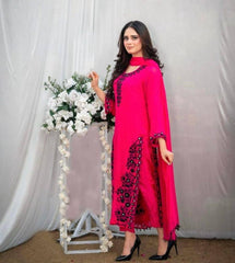 Hot Pink Chiffon 3-Piece Suit with Mirror Embroidery