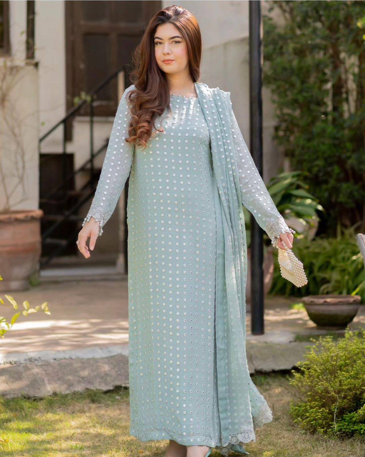 Luxury Pret Salina Peach Kurta Set with Foil Work