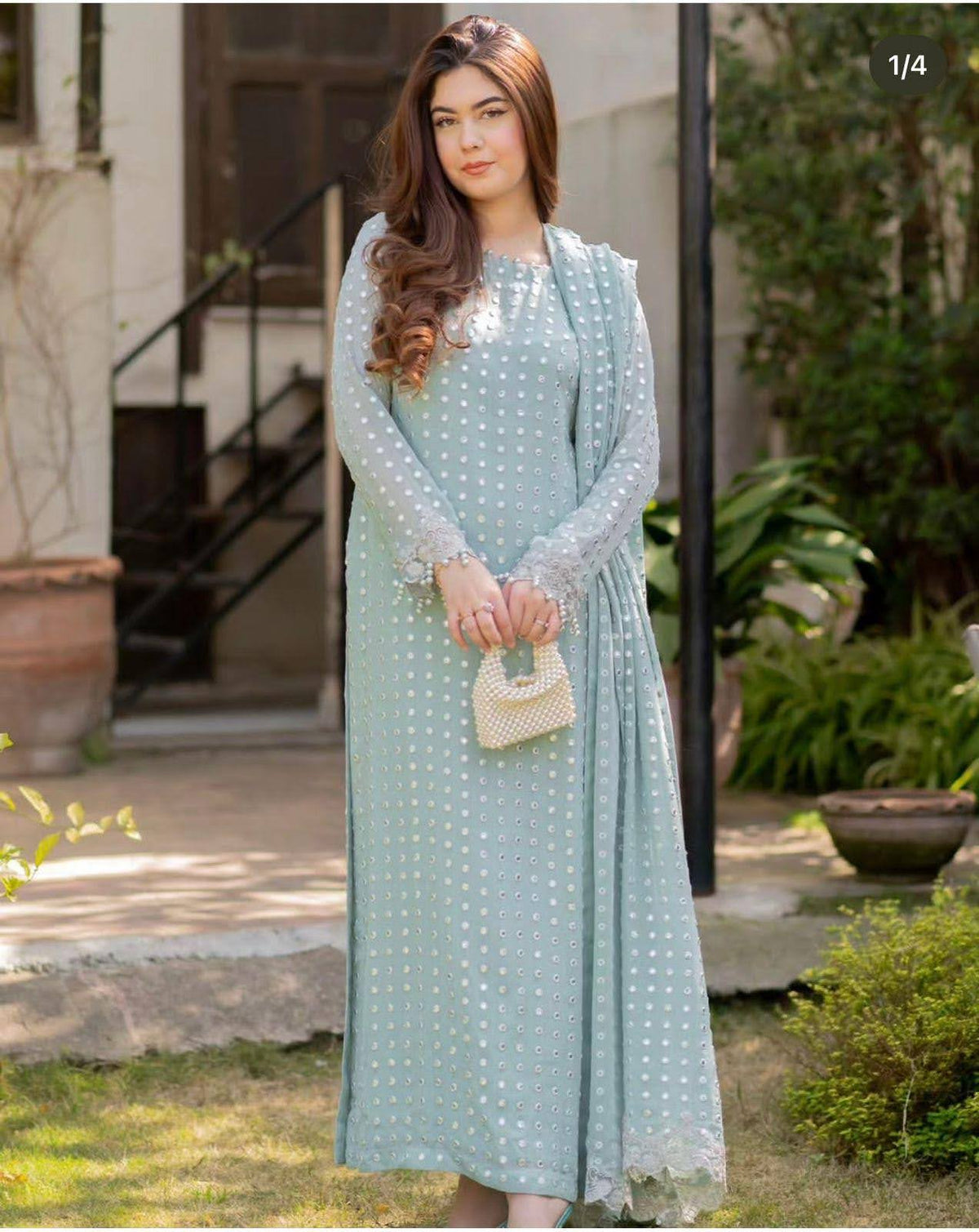 Luxury Pret Salina Peach Kurta Set with Foil Work