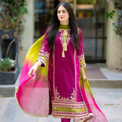 Embroidered Stone Lelon Suit with Bamber Chiffon Dupatta