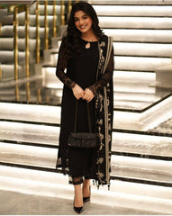 Zari Sitara Embroidered Chiffon 3-Piece Set in Black