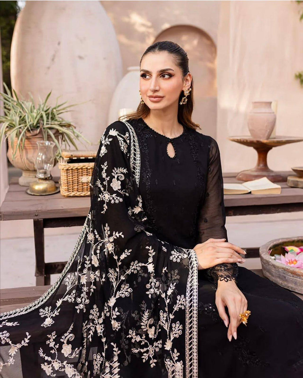 Zari Sitara Embroidered Chiffon 3-Piece Set in Black