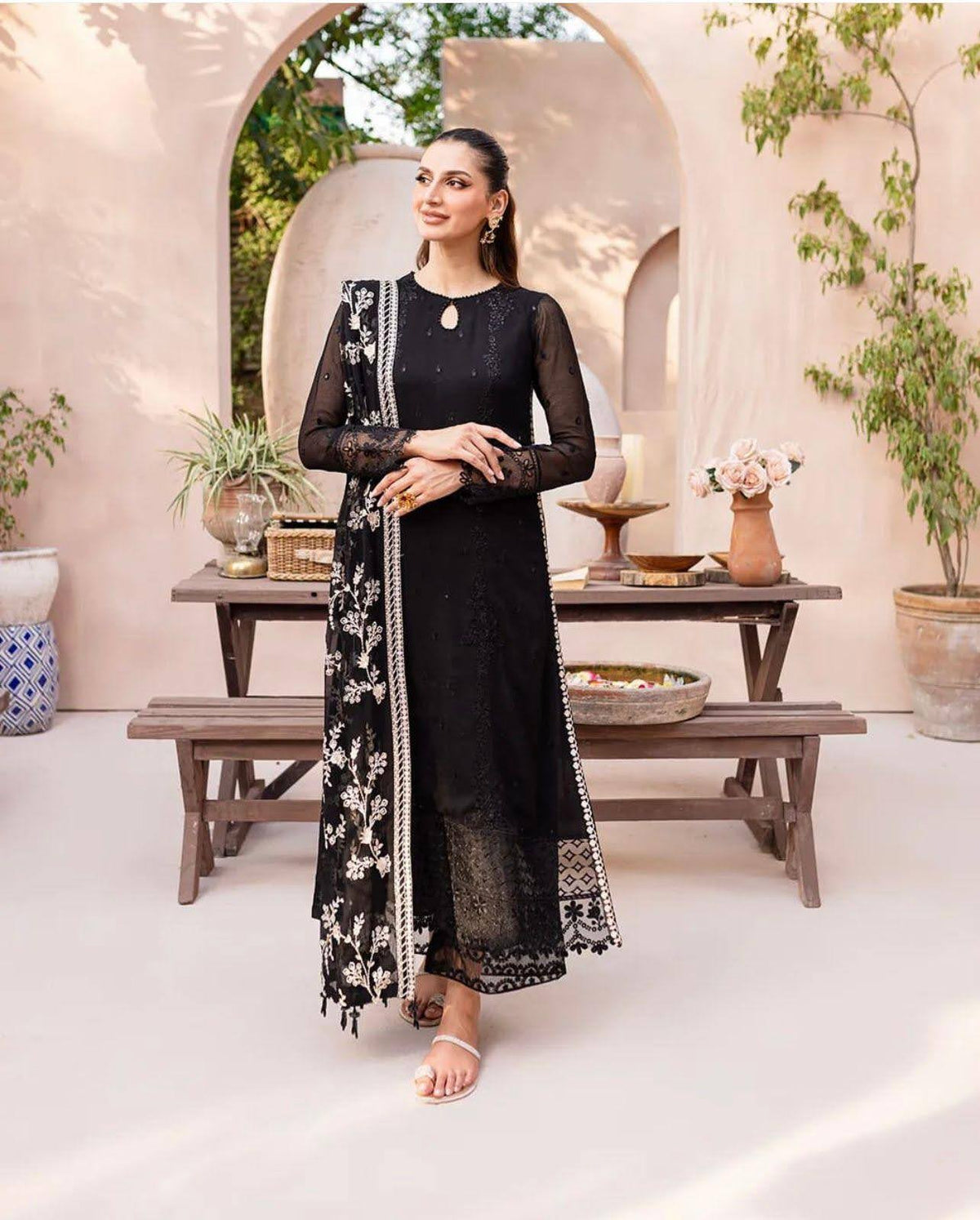 Zari Sitara Embroidered Chiffon 3-Piece Set in Black