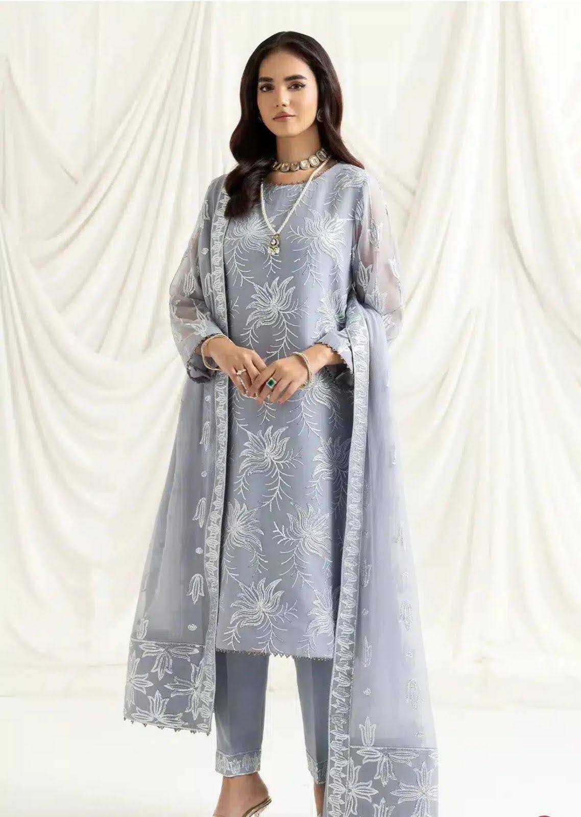 Alizeh Grey Embroidered Organza 3-Piece Set