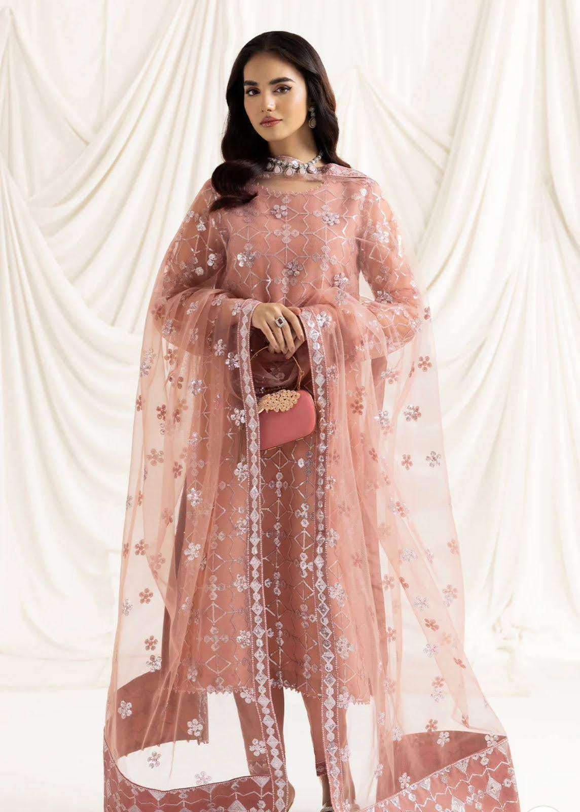 Peach Embroidered Organza 3-Piece Suit