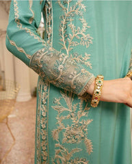 Serene Turquoise Khaddi Silk 3-Piece Eastern Ensemble with Gold Embellishments