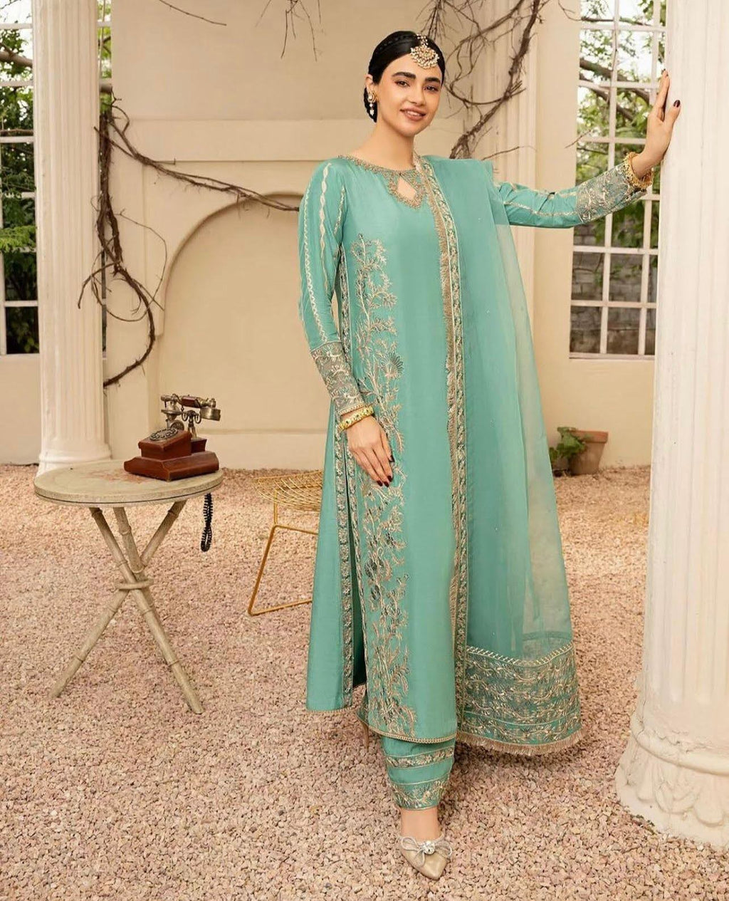 Serene Turquoise Khaddi Silk 3-Piece Eastern Ensemble with Gold Embellishments