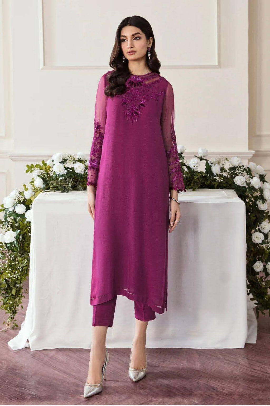 Purple Chiffon 3-Piece Outfit with Sequined Embellishments