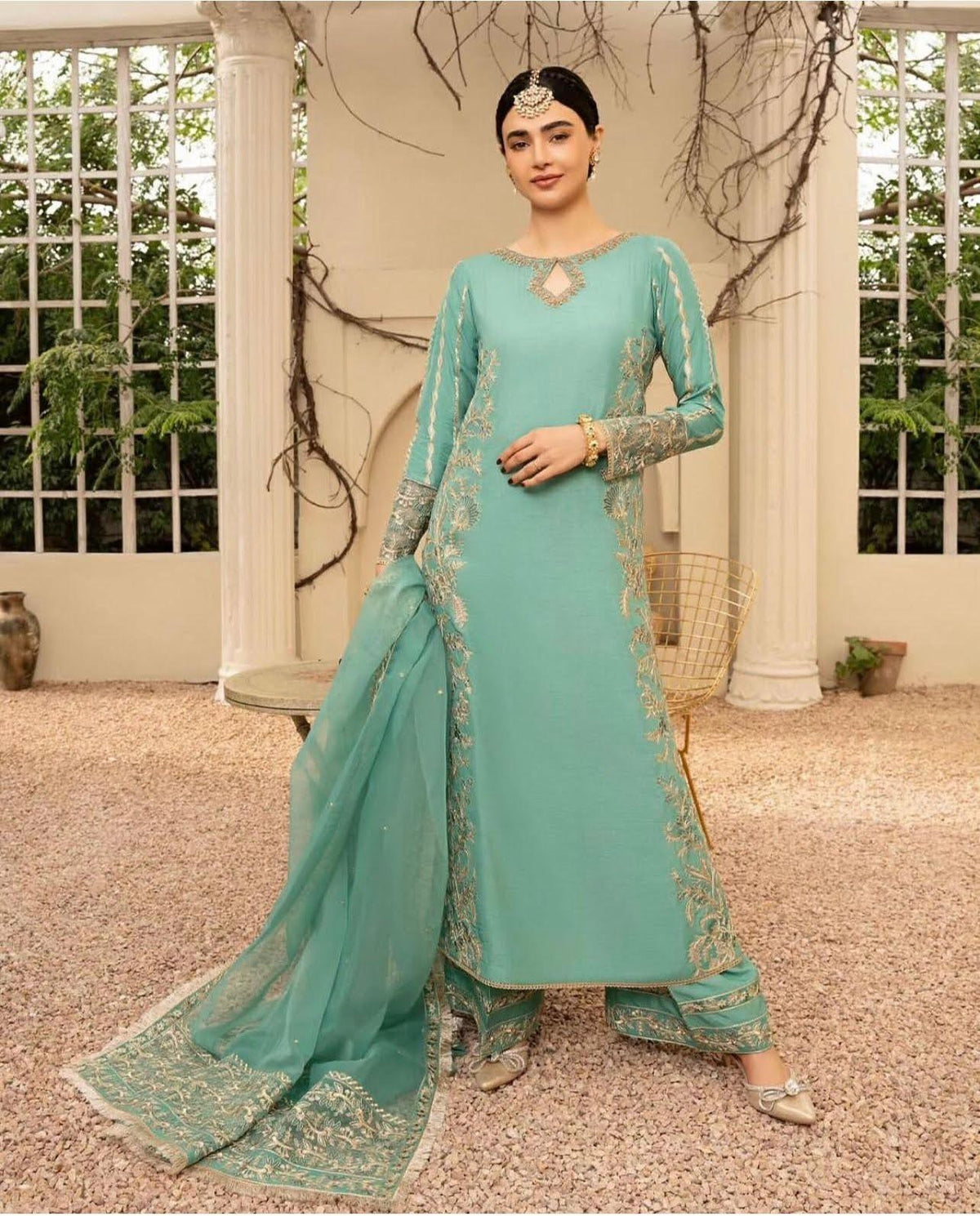 Serene Turquoise Khaddi Silk 3-Piece Eastern Ensemble with Gold Embellishments