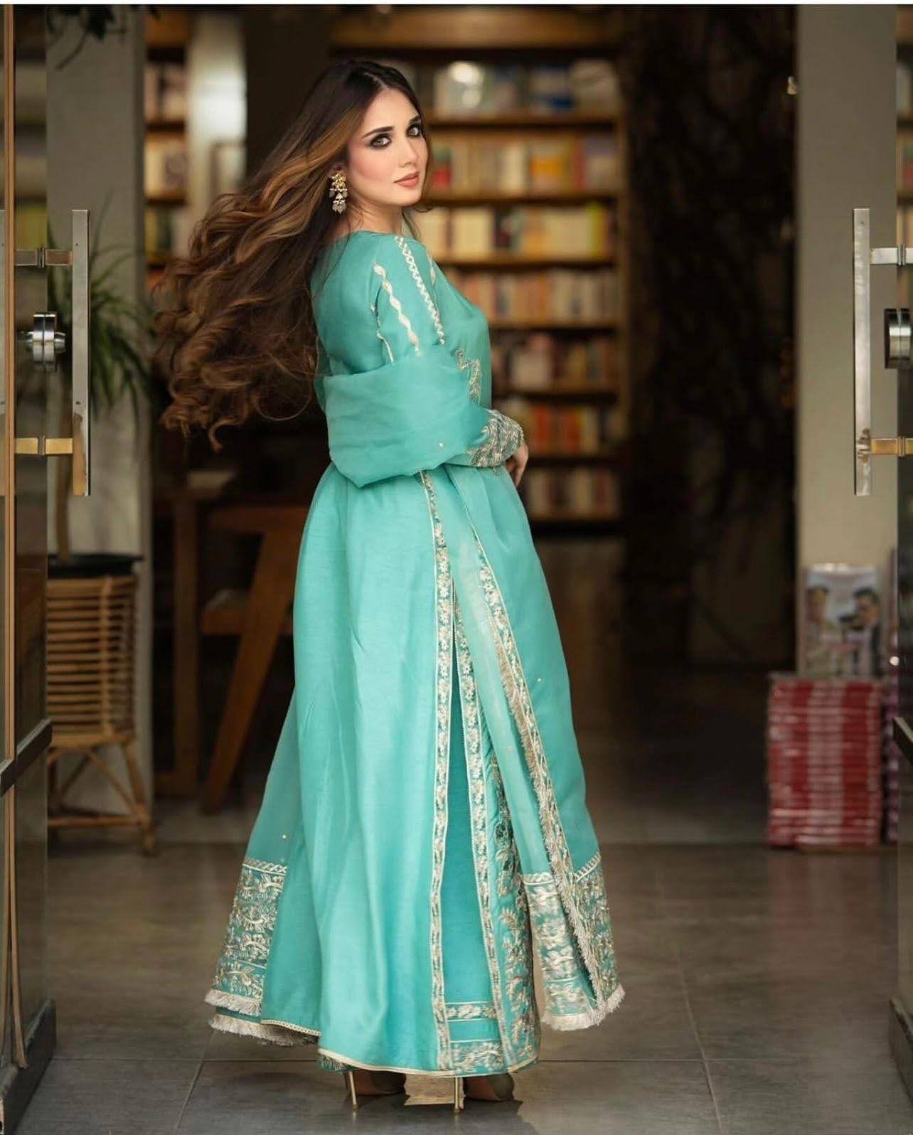 Serene Turquoise Khaddi Silk 3-Piece Eastern Ensemble with Gold Embellishments