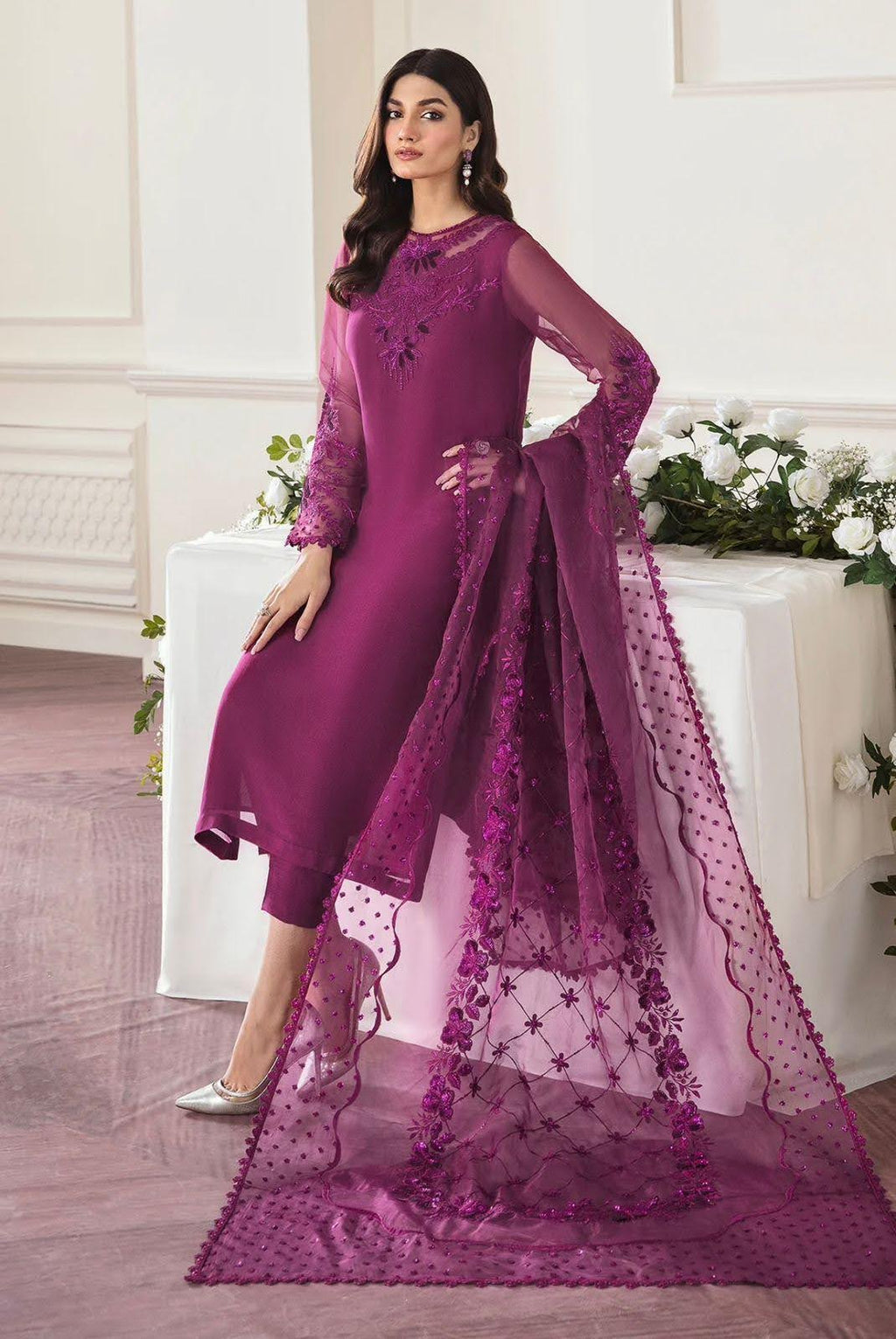 Purple Chiffon 3-Piece Outfit with Sequined Embellishments