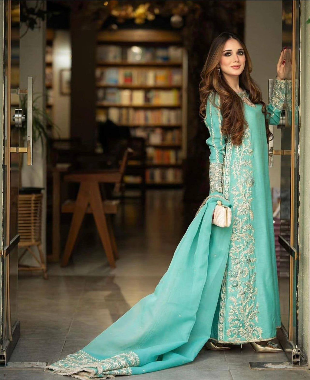 Serene Turquoise Khaddi Silk 3-Piece Eastern Ensemble with Gold Embellishments