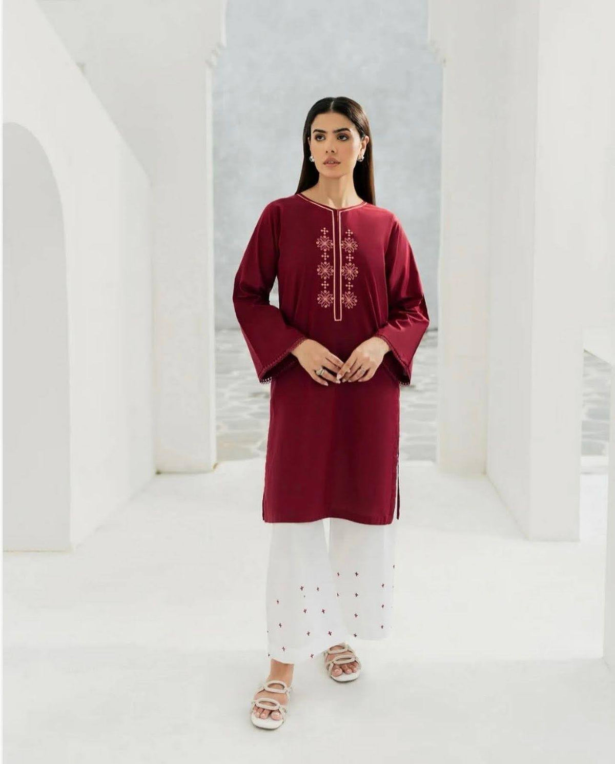 Elegant Stone Linen Outfit with Embroidery