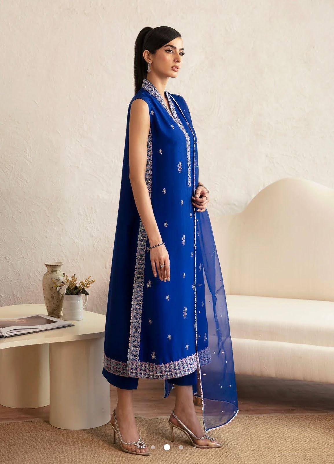 Royal Blue Raw Silk Ensemble with Hand Embellishments